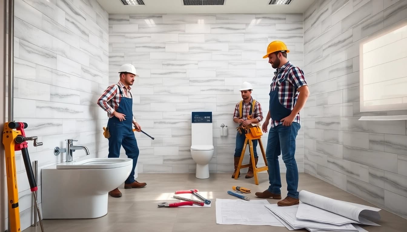 Visualize commercial toilet refurbishment with professional workers enhancing modern restroom facilities.