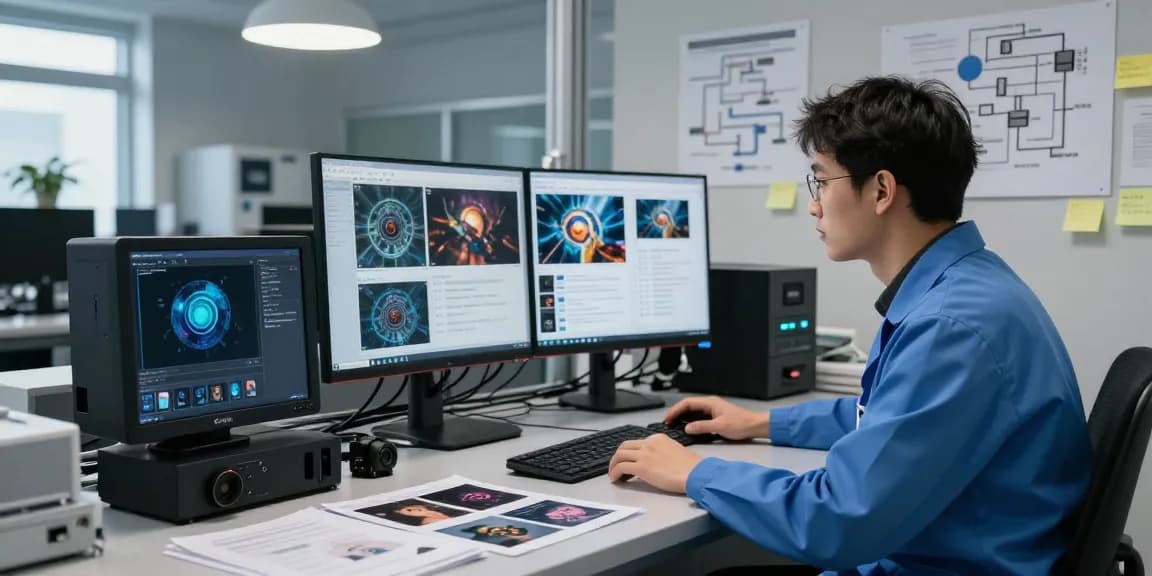 Data analyst using ai detector software in a high-tech lab environment for AI image analysis.