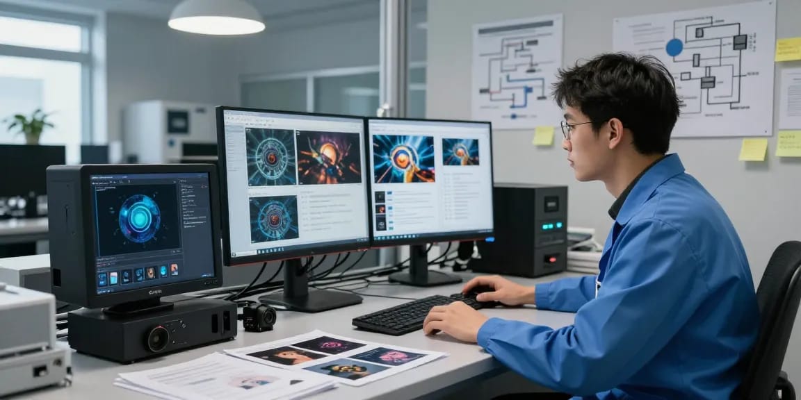 Data analyst using ai detector software in a high-tech lab environment for AI image analysis.