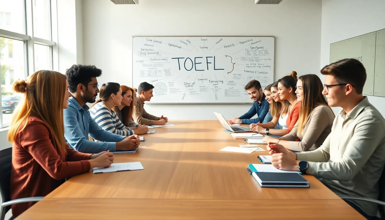 Dynamic scene of TOEFL test takers for hire collaborating in a bright classroom.