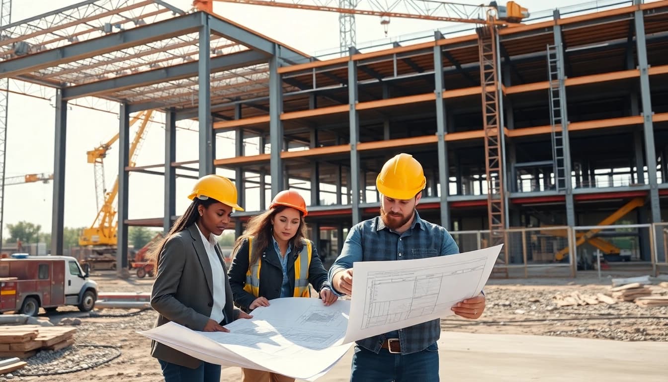 Austin construction professionals collaborating on-site to build a modern framework.