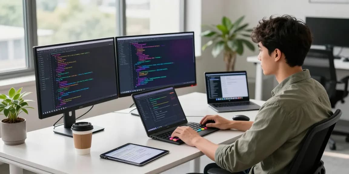 Developer showcasing 纸飞机中文版 application in a modern workspace with vibrant code and natural light.