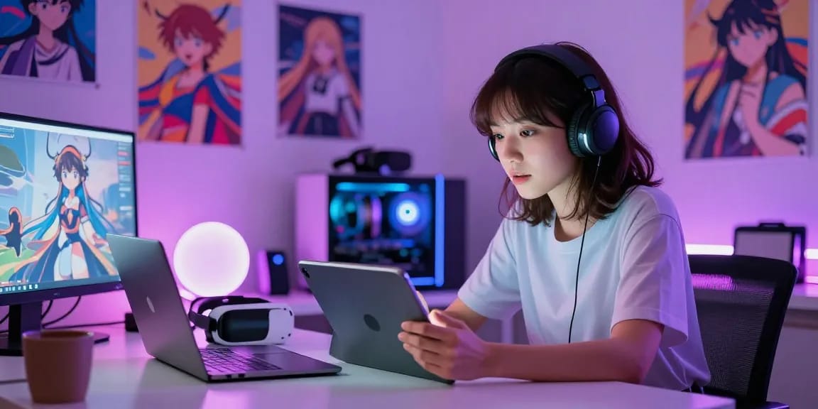 Interactive scene showcasing a young adult using ai nsfw chat on a tablet in a vibrant, creative environment.