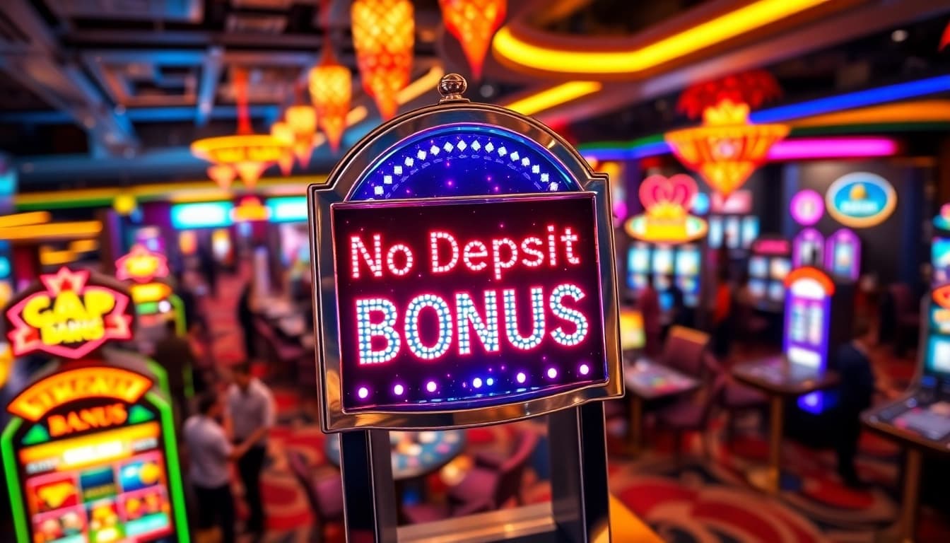 Erlebe den casino bonus ohne einzahlung neu an einem glitzernden Spielautomaten in einem lebhaften Casino.