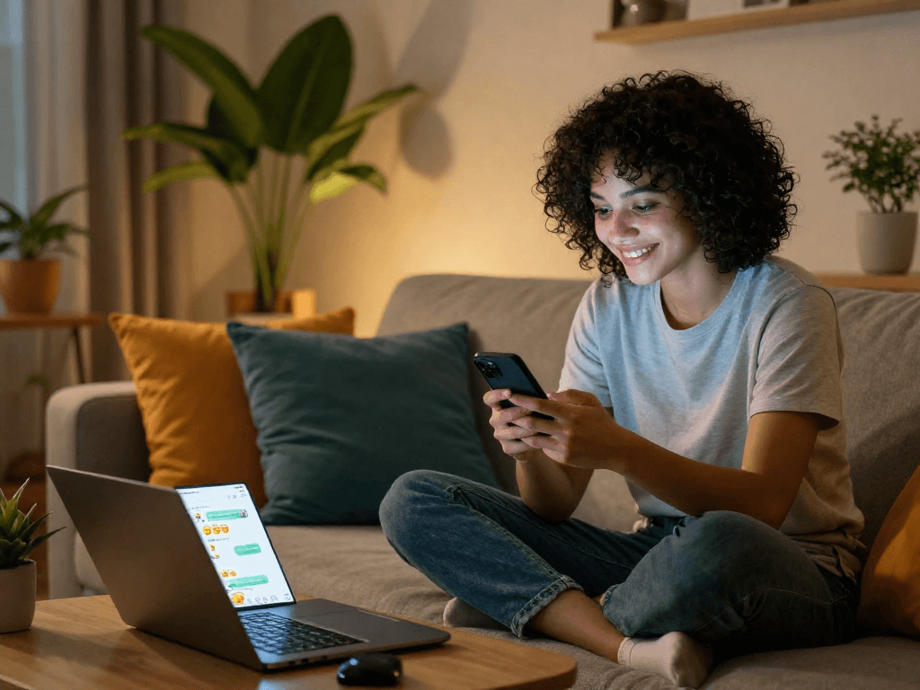 Sexting AI conversations in a cozy living room with a couple exchanging flirty texts.