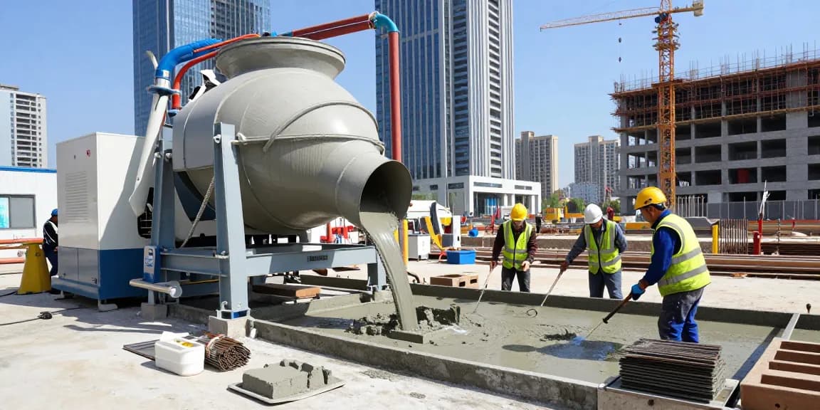 NAGA2000 application in advanced concrete technology with skilled workers pouring high-performance concrete on a modern construction site.