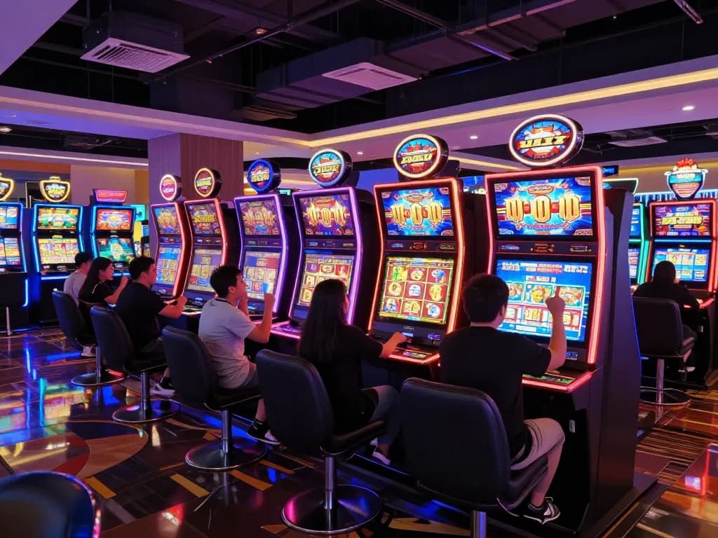 Players celebrating a win at vibrant slot gacor machines in a modern casino.