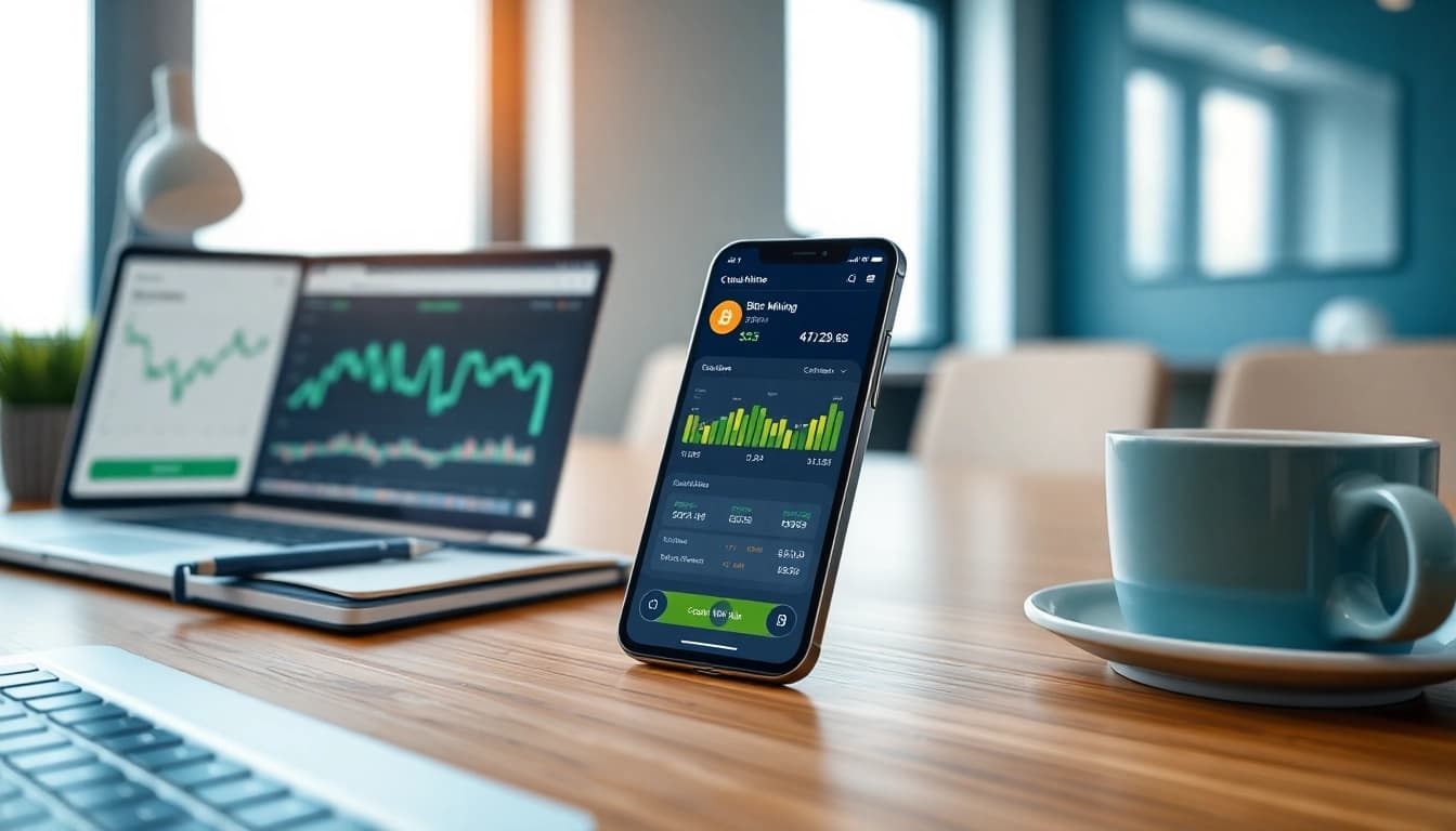 Visualize a cloud mining app interface on a smartphone in a modern workspace showcasing Bitcoin earnings and statistics.