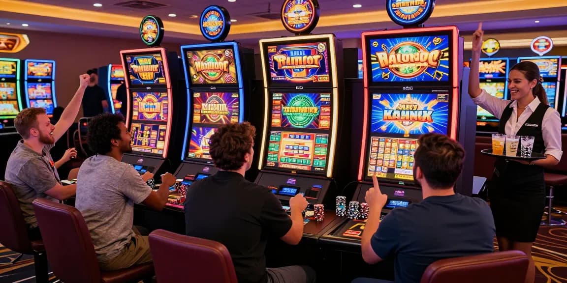 Players enjoying engaging slot games in a lively casino atmosphere, showcasing excitement and colorful machines.