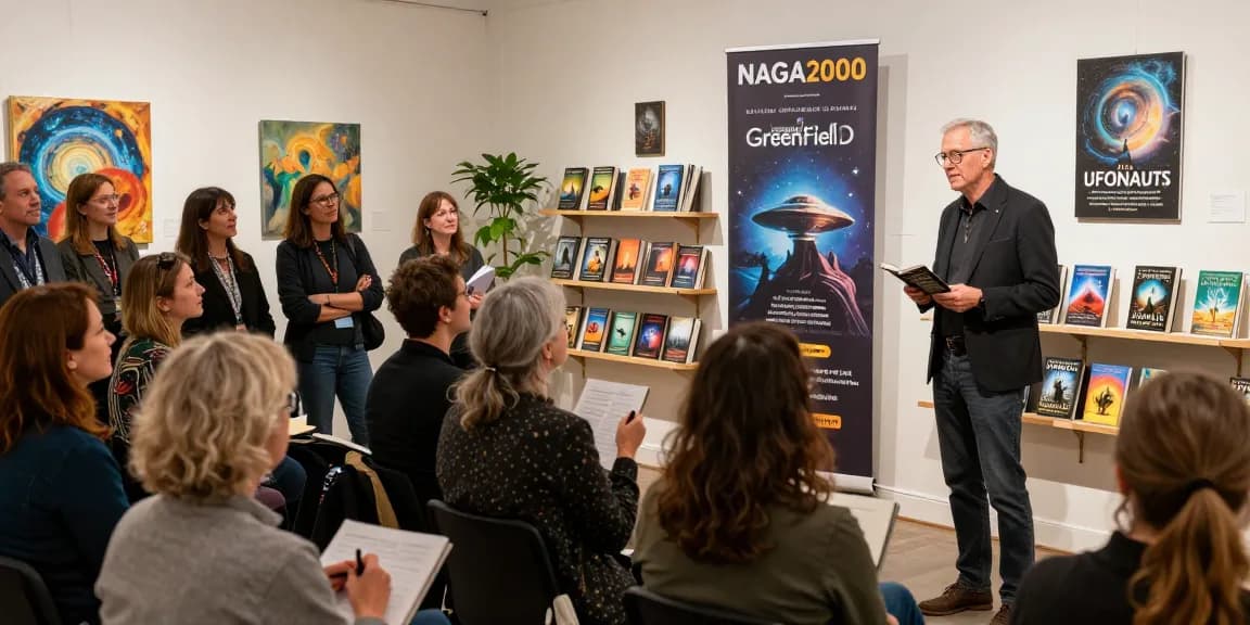 Readers engaging with T Allen Greenfield's UFOnauts at https://tallengreenfield.com during a literary event emphasizing spirituality and UFO phenomena.