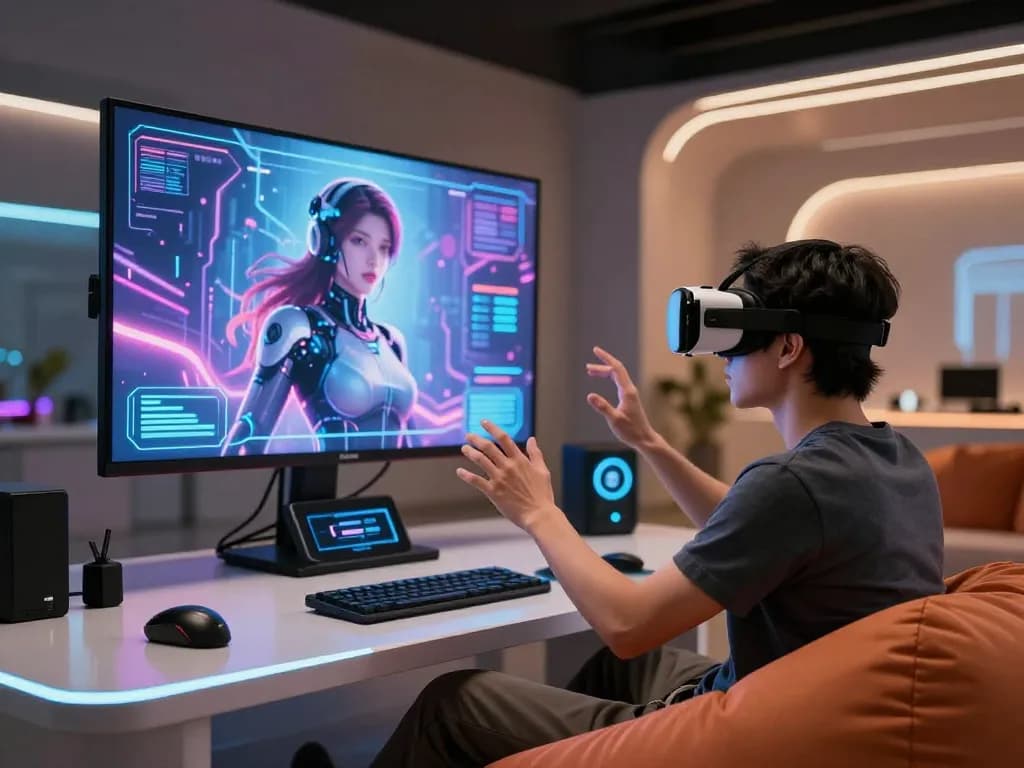 Engaged user interacting with an nsfw ai character in a modern digital workspace, showcasing vibrant graphics and immersive technology.