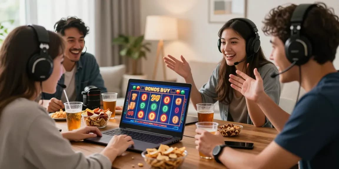 Exciting bonus buy slots gameplay at https://aboutderbyshire.co.uk, featuring friends celebrating victories in a lively living room.