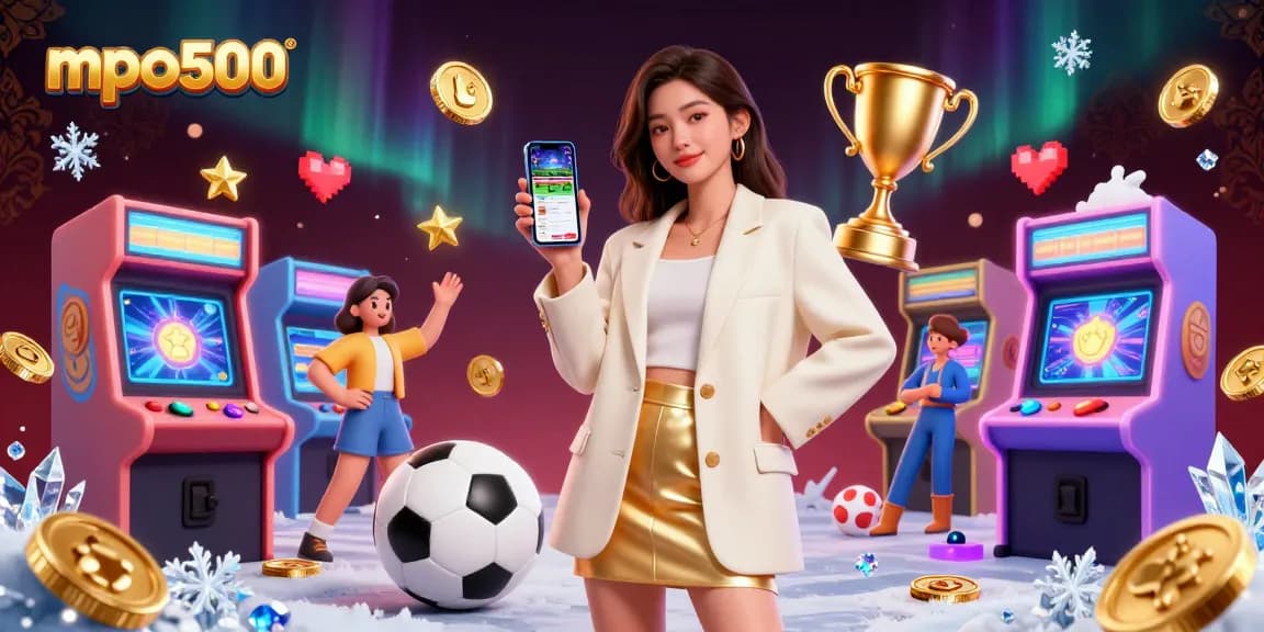 Engage in thrilling gaming with mpo500 as a beautiful Asian woman showcases a sports betting app amidst vibrant casino elements.