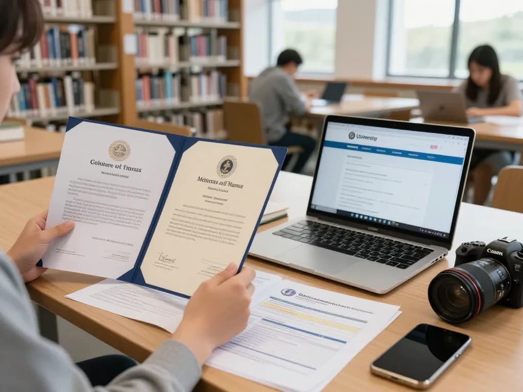 University Document Collection & Correction Procedures showcased with a student organizing academic certificates and transcripts in a bright library.