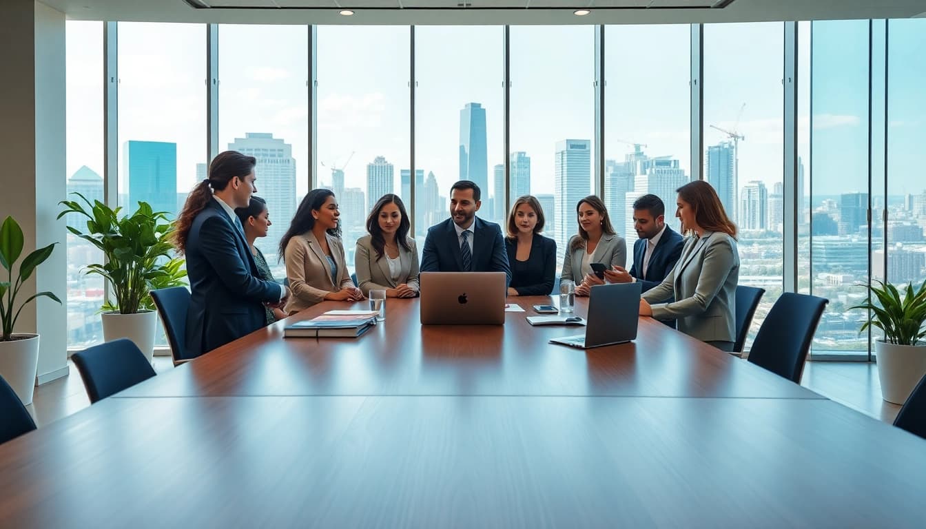 Collaboration at an environmental law firm office with diverse lawyers engaged in legal discussions.