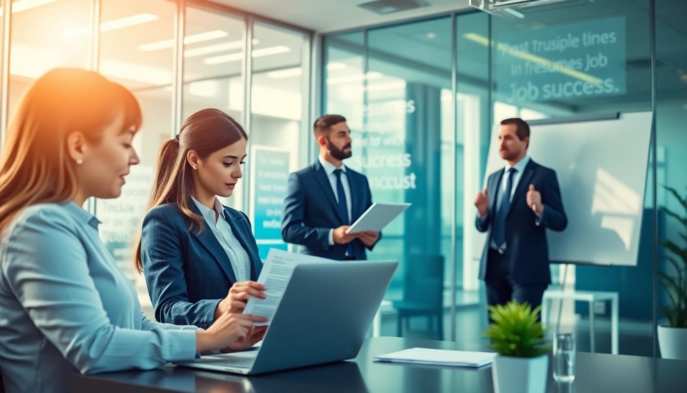 Engaging job help scene showing collaboration in a professional office setting.