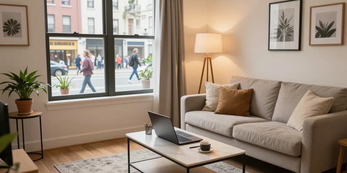 Monteurzimmer Hannover: Gemütliches Apartment mit modernem Wohnbereich und Arbeitsplatz.