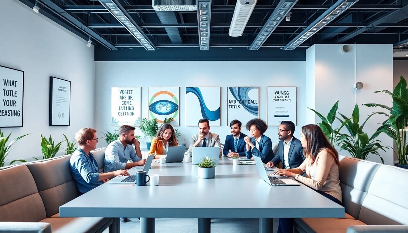 Engage in a business coaching service in a modern office setting with professionals collaborating.