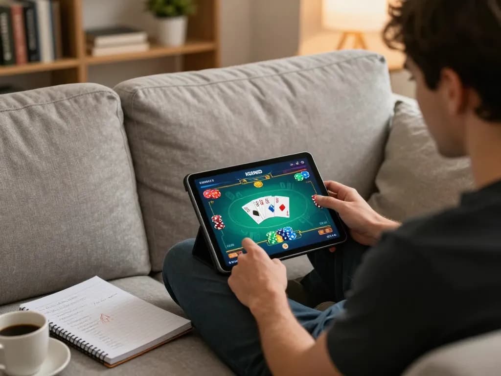 KOINID empowers seamless gameplay in an online poker session at home with warm lighting and strategy notes.