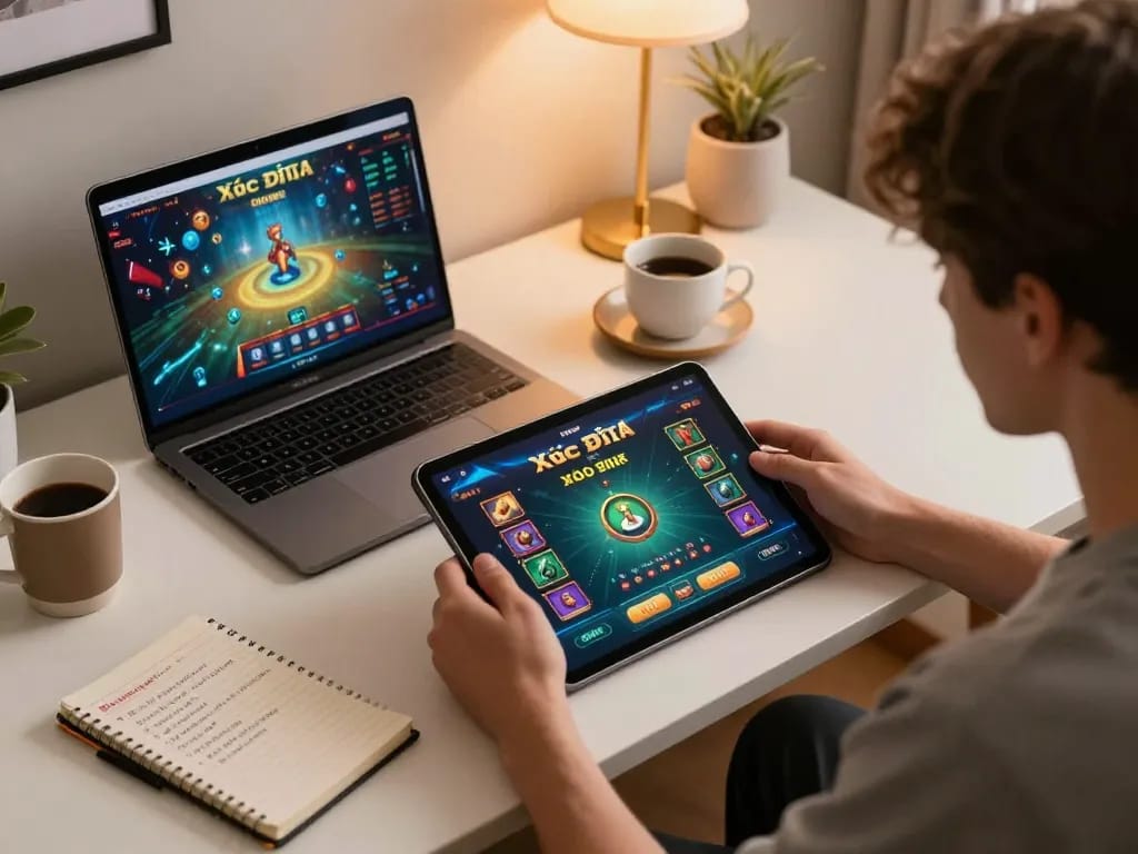 Xóc đĩa online gameplay on tablet, showcasing a strategic betting interface in an elegant home setting.