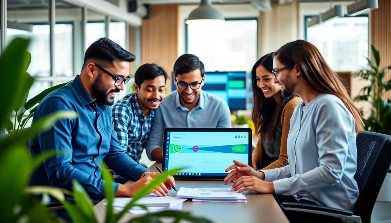 Team collaborating on WhatsApp Smart CRM in a modern office, enhancing productivity.