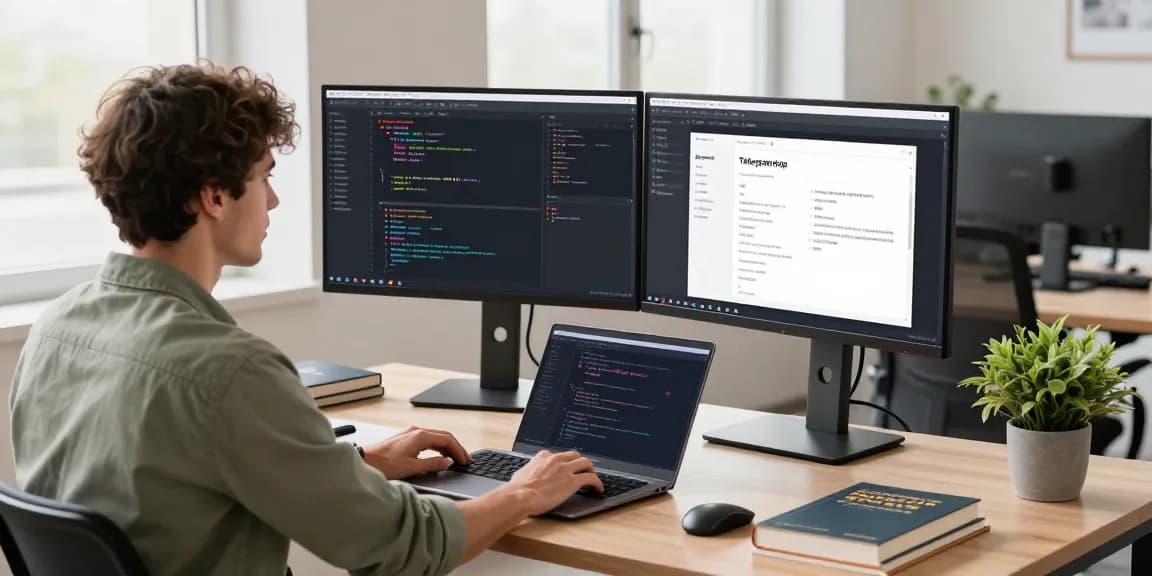 Developer optimizing Telegram中文 app features in a modern workspace