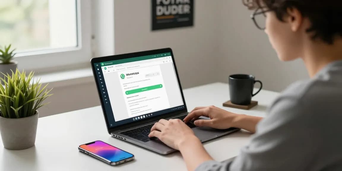 Using WhatsApp電腦版 on a laptop in a cozy home office setting.