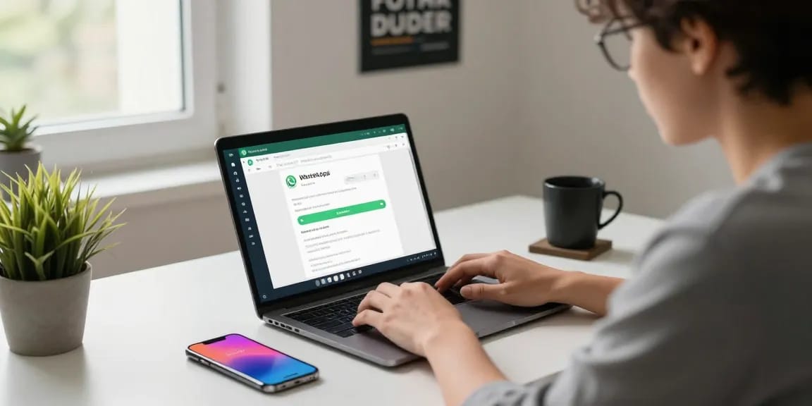 Using WhatsApp電腦版 on a laptop in a cozy home office setting.
