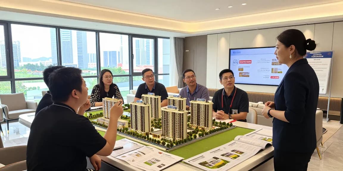 Tanjong Rhu Residences Showflat showcasing potential buyers engaging with a property agent.
