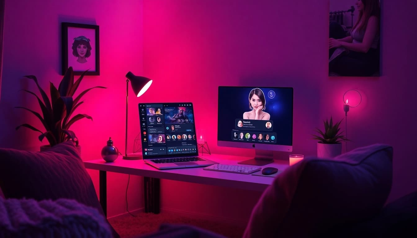 Engaging NSFW character AI chat room with cozy ambiance and modern tech.