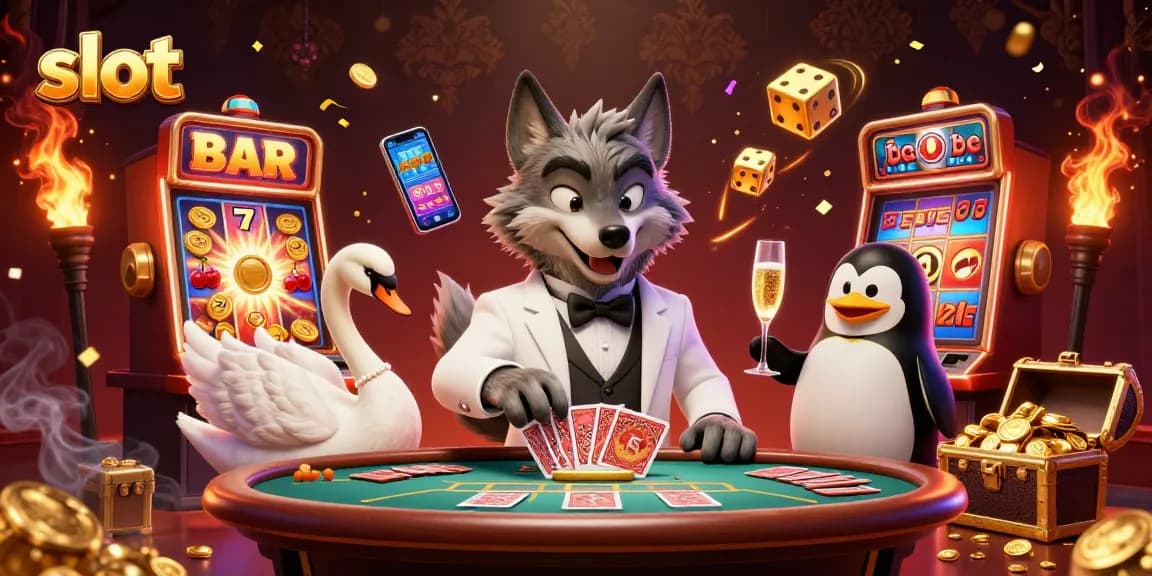 Experience thrilling slot action with a cartoon wolf, swan, and penguin in a colorful casino scene.