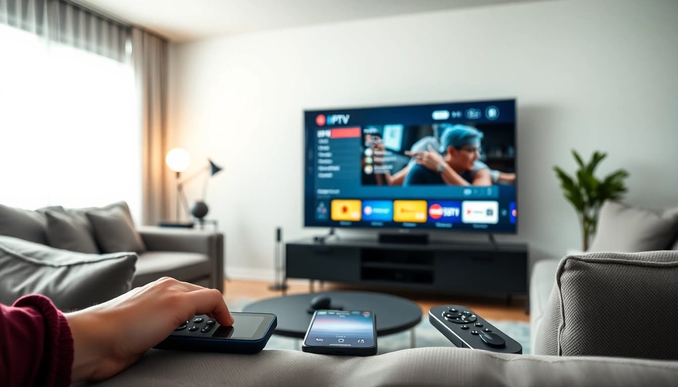 Engaging display of iron IPTV services on a sleek television in a modern setting.