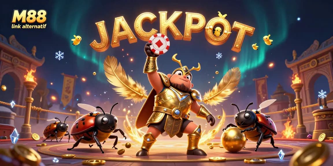 Win big with M88 link alternatif featuring a 3D beetle champion in an engaging casino arena.