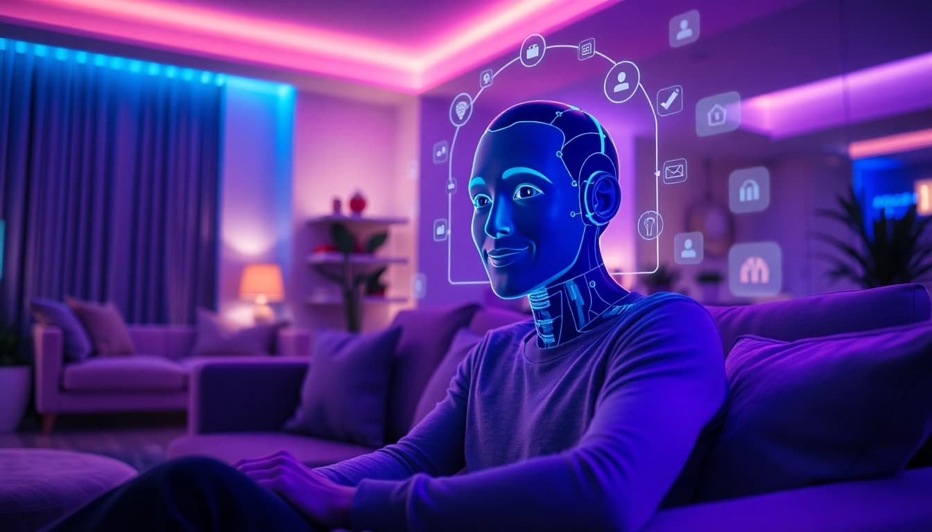 AI sex bot interaction in a cozy living room, showcasing innovative technology and emotional connection.
