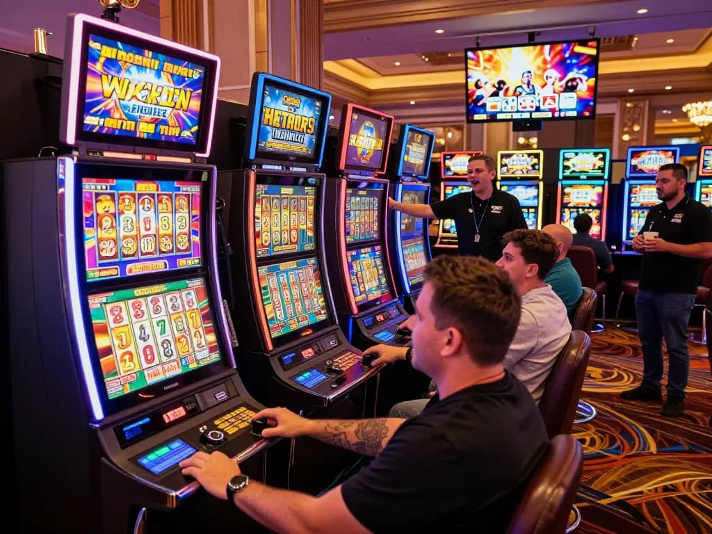 Players enjoying link slot machines in a vibrant casino atmosphere with colorful graphics and lively energy.