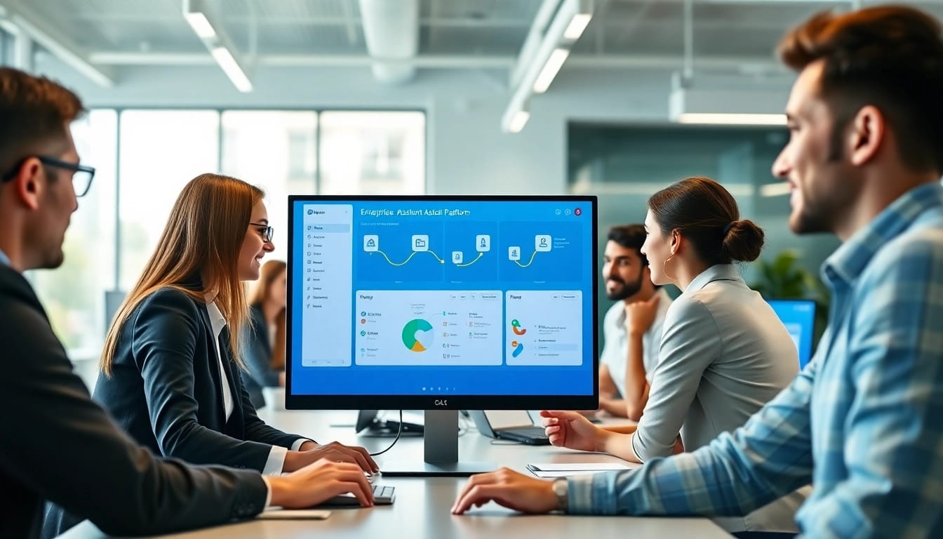 Optimize team workflows with an enterprise assistant platform interface highlighted in a modern office setting.