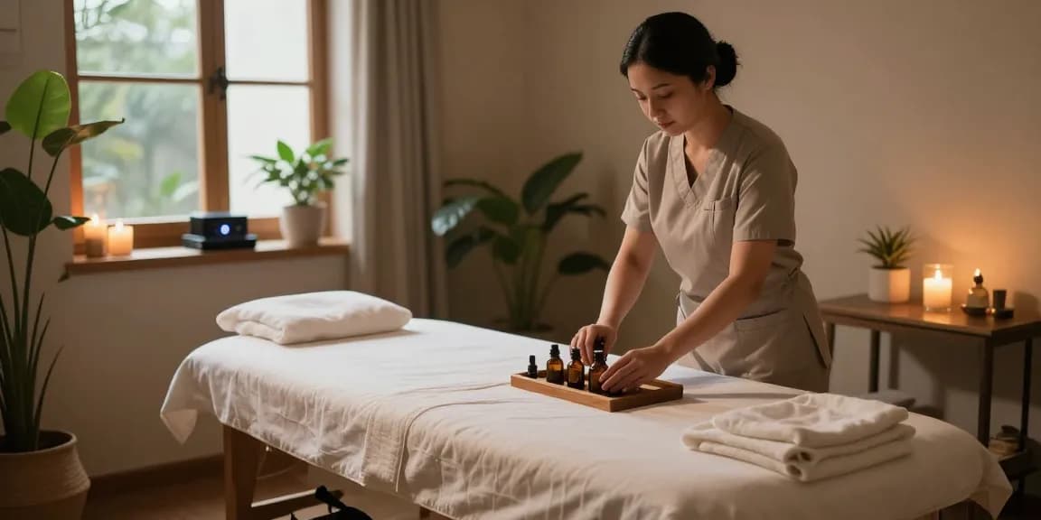 Relaxing massage setup at makangs.com with calming ambiance and natural oils.