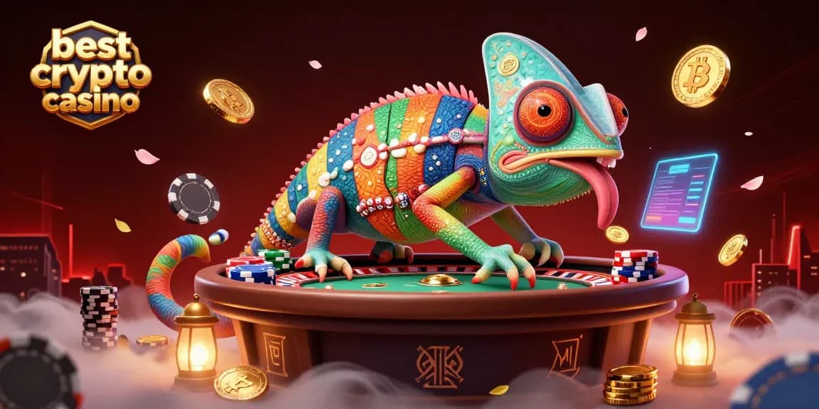 Plongez dans l'univers du meilleur casino crypto avec un caméléon 3D attirant les gains en cryptomonnaies.