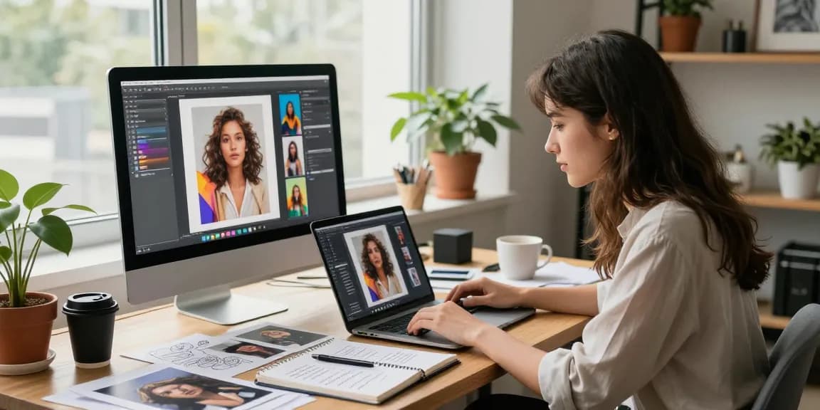 Creating an ai prompt image at a modern workspace with a young woman engaging in prompt generation.
