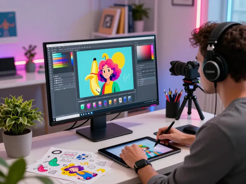 Digital artist using nano banana pro AI image editor in a vibrant creative workspace, showcasing innovative editing.