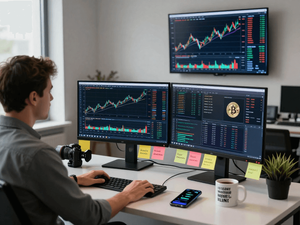 TradingView官网中的交易者在现代办公室内使用多显示器分析金融市场数据与图表。