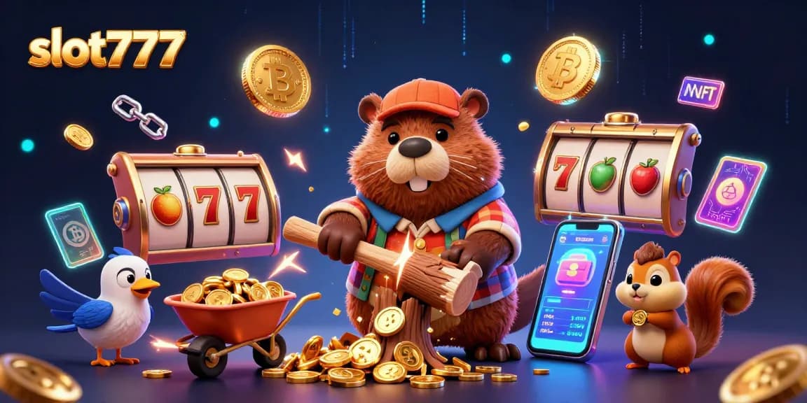 Rasakan keseruan slot777 dengan ilustrasi kasino yang menggambarkan gulungan slot, koin emas, dan karakter kartun.