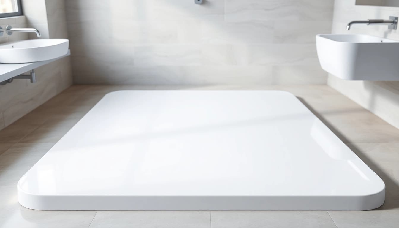 Showcase of a stylish shower base in a contemporary bathroom setting emphasizing modern design.