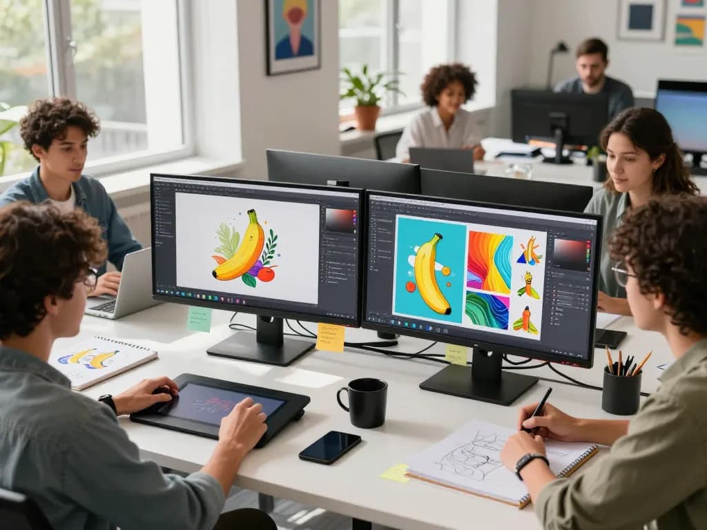 Creative team collaborating with the nano banana 2 AI image editor in a modern workspace, showcasing innovative designs.
