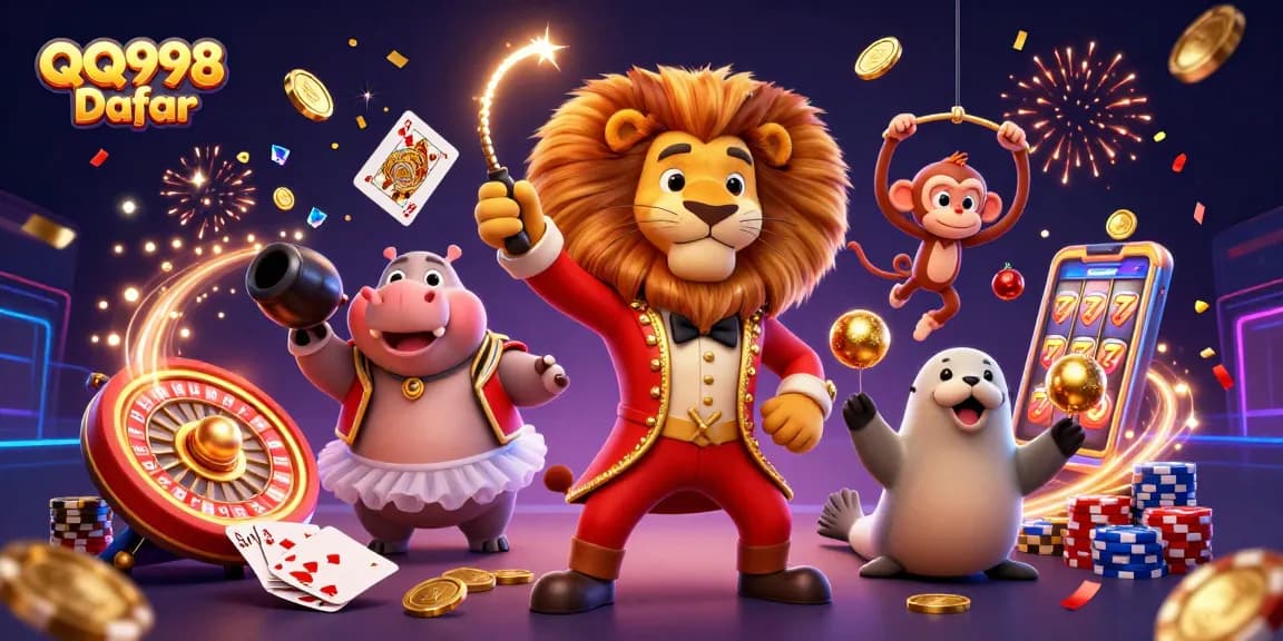 Experience engaging gameplay with QQ998 Daftar as playful characters and casino elements creating a vibrant gambling scene.