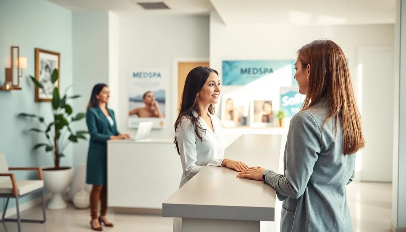 Engaging scene highlighting medspa marketing ideas with professional reception and calming decor.