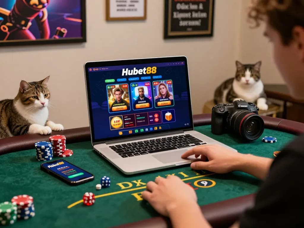 TIN TỨC hubet88 showcasing an excited online gambler engaging with promotions and vibrant gaming interface.