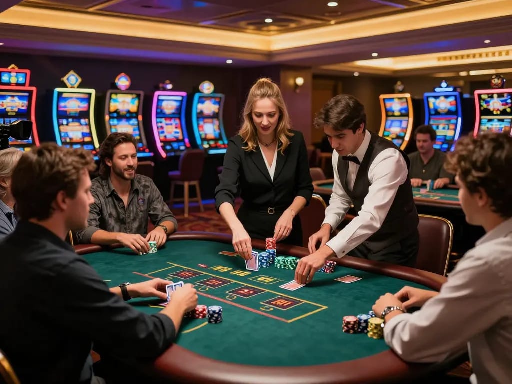 F8BET players strategizing during an exciting blackjack game at a luxury casino