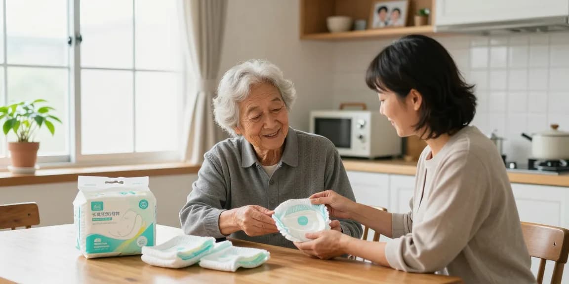 Caregiver helping elderly person choose 長者紙尿片 in warm home setting.