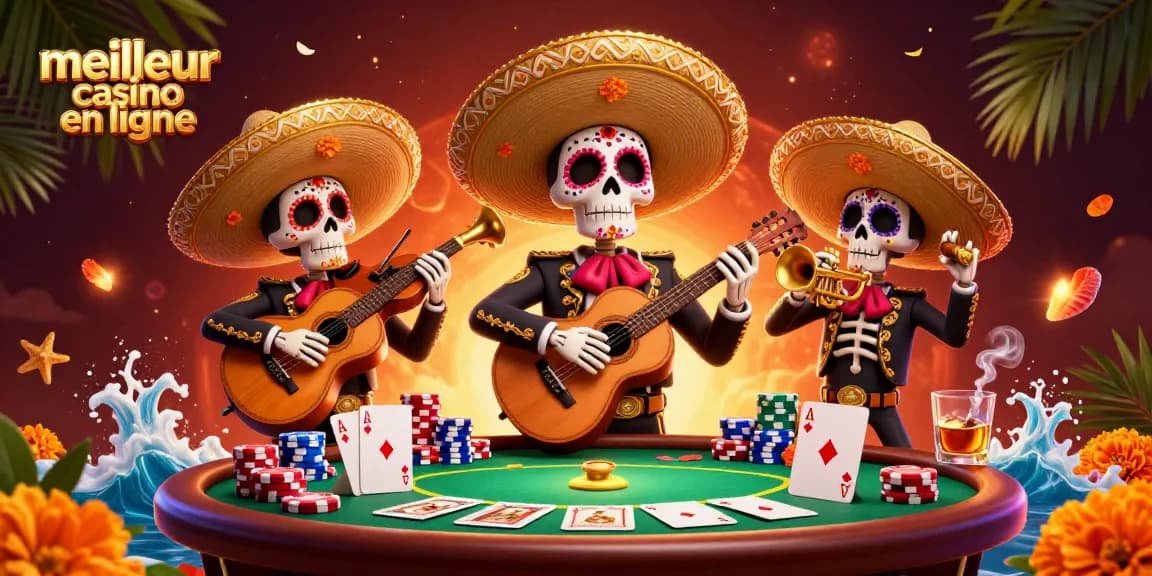 Jouer au meilleur casino en ligne avec une bande de mariachis squelettes colorés.